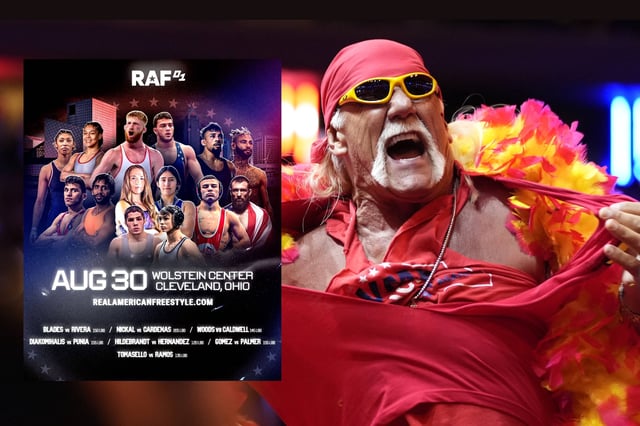 Hulk Hogan y el póster de Real American Freestyle. (Foto: @rafwrestlingusa / AP)