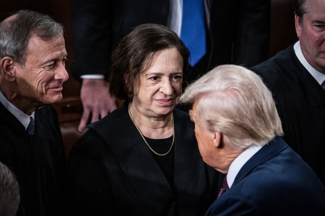 Justice Elena Kagan greets President Donald Trump after his address to a joint session of Congress in the House Chamber of the U.S. Capitol on March 4, 2025. 