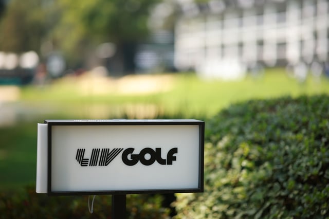 LIV Golf logo is seen on the 18th hole on day one of LIV Golf Mexico City at Club de Golf Chapultepec on April 25, 2025 in Mexico City, Mexico.