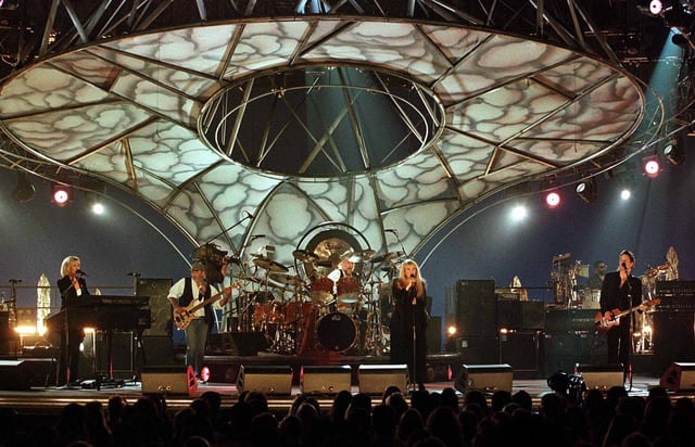 From left: Christine McVie, John McVie, Fleetwood, Nicks and Buckingham perform a concert special for MTV in 1997, their first time reuniting the full "Rumours" lineup since 1987.