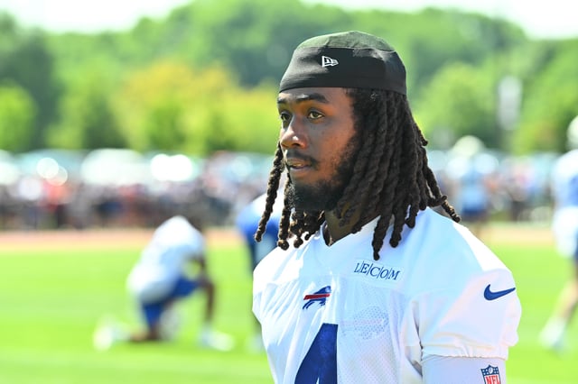 Jul 23, 2025; Rochester, NY, USA; Buffalo Bills running back James Cook (4) on the field during training camp at St. John Fisher University. Mandatory Credit: Mark Konezny-Imagn Images/File Photo