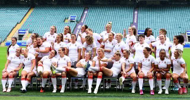 Rugby Union - 2025 Women's Rugby World Cup - England Squad Announcement - Allianz Stadium, Twickenham, London, Britain - July 24, 2025 The newly announced England players reacts as they pose for a team group photo Action Images via Reuters/Andrew Boyers