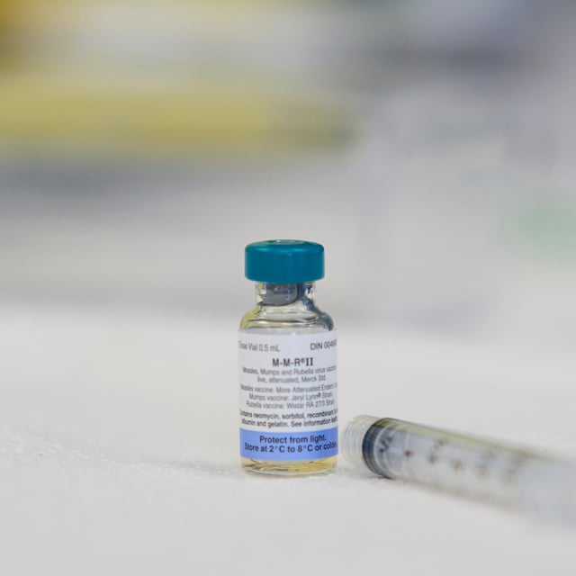 A dose of the measles, mumps, and rubella (MMR) vaccination awaits the next patient during a vaccine clinic in St. Thomas, Ont., on Tuesday, March 4, 2025. THE CANADIAN PRESS/Geoff Robins