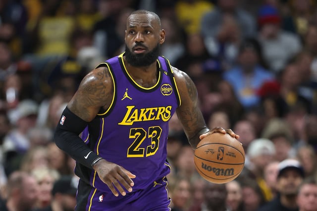LeBron James #23 of the Los Angeles Lakers plays the Denver Nuggets in the first quarter at Ball Arena on February 22, 2025 in Denver, Colorado.