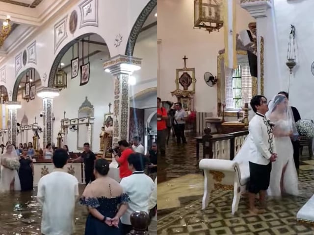 Una pareja se casó en una iglesia inundada. Foto: captura de pantalla/Facebook.