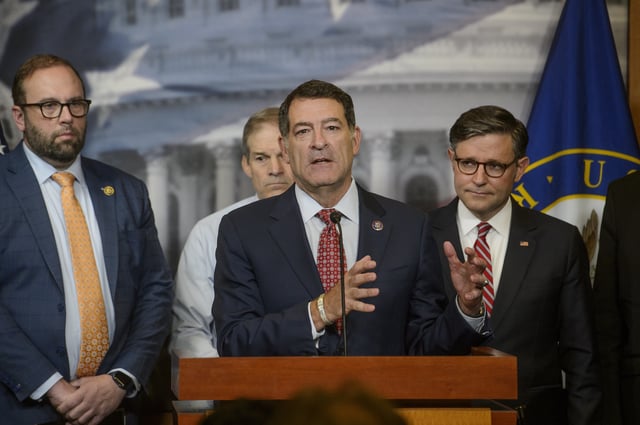 FILE - Rep. Mark Green, R-Tenn., center, is joined by from left: Rep. Jason Smith, R-Mo., Rep. Jim Jordan, R-Ohio, and Speaker of the House Mike Johnson, R-La., right, during a news conference at the Capitol, May 20, 2025, in Washington. (AP Photo/Rod Lamkey, Jr., File)