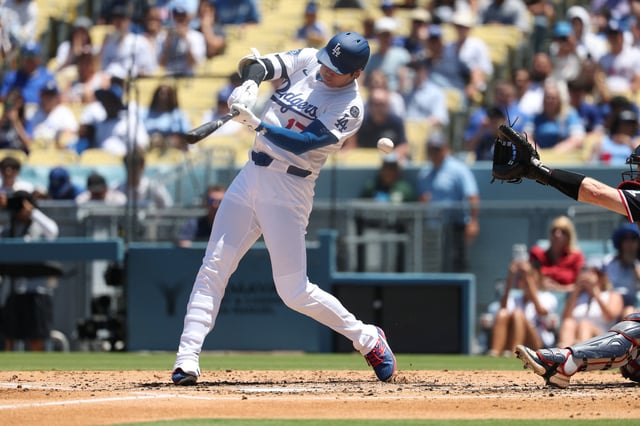 Jul 23, 2025; Los Angeles, California, USA; Los Angeles Dodgers designated hitter Shohei Ohtani (17) strikes out during the third inning against the Minnesota Twins at Dodger Stadium. Mandatory Credit: Kiyoshi Mio-Imagn Images