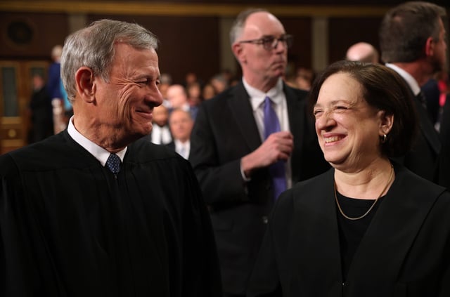 Supreme Court Chief Justice John Roberts and Associate Justice Elena Kagan attend President Donald Trump's address to a joint session of Congress at the U.S. Capitol on March 4, 2025.
