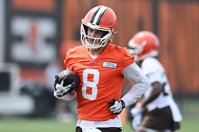 Jun 12, 2025; Berea, OH, USA; Cleveland Browns quarterback Kenny Pickett (8) during mini camp at CrossCountry Mortgage Campus. Mandatory Credit: Ken Blaze-Imagn Images/File Photo