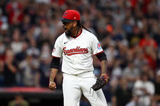 CLEVELAND, OHIO - JULY 23: Emmanuel Clase #48 of the Cleveland Guardians celebrates the team&#39;s 3-2 win over the Baltimore Orioles at Progressive Field on July 23, 2025 in Cleveland, Ohio.