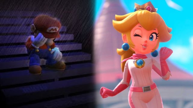 Mario distraught next to winking Princess Peach