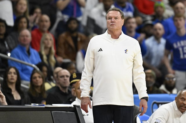 Mar 20, 2025; Providence, RI, USA;  Kansas Jayhawks head coach Bill Self reacts during the first half against the Arkansas Razorbacks at Amica Mutual Pavilion. Mandatory Credit: Eric Canha-Imagn Images/File Photo
