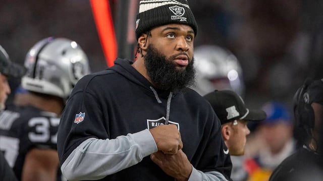 Las Vegas Raiders defensive tackle Christian Wilkins watches from the sideline during the second half against the Los Angeles Chargers on Jan. 5, 2025, at Allegiant Stadium in Las Vegas. (Heidi Fang/Las Vegas Review-Journal/TNS)