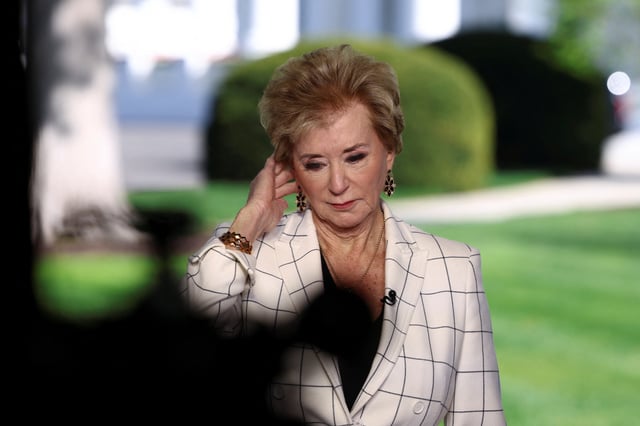 U.S. Secretary of Education Linda McMahon prepares for a television interview at the White House in Washington, D.C., U.S., April 16, 2025.