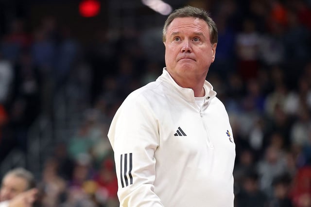 PROVIDENCE, RHODE ISLAND - MARCH 20: Head coach Bill Self of the Kansas Jayhawks looks on during the second half in the first round of the NCAA Men's Basketball Tournament against the Arkansas Razorbacks at Amica Mutual Pavillion on March 20, 2025 in Providence, Rhode Island. (Photo by Maddie Meyer/Getty Images)