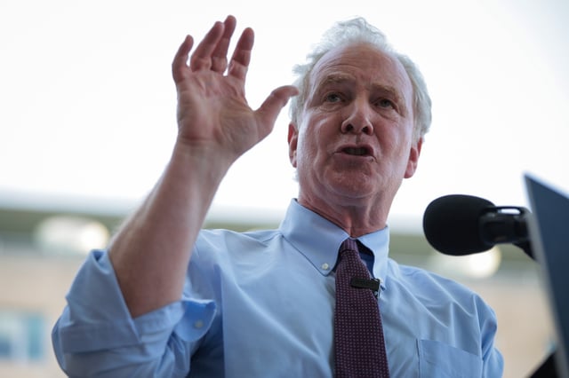 Sen. Chris Van Hollen speaks during a rally held by Congress members in support of detained Columbia student Mohsen Mahdawi in front of the State Department on April 29, 2025 in Washington, D.C.