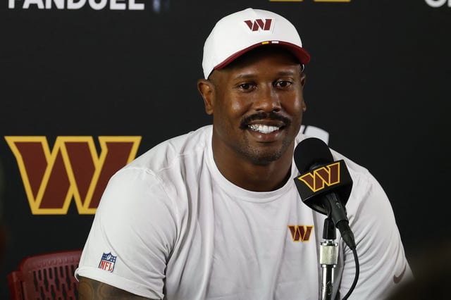 Jul 24, 2025; Ashburn, VA, USA; Washington Commanders outside linebacker Von Miller (24) speaks with the media after practice on day two of training camp at OrthoVirginia Training Center at Commanders Park. Mandatory Credit: Geoff Burke-Imagn Images