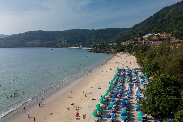 Phuket, THAILAND - MARCH 24: An aerial view of Patong Beach on March 24, 2024 in Phuket, Thailand. The upcoming season of &#34;The White Lotus&#34; is anticipated to have a massive impact on tourism in Thailand, with travel forecasters predicting a surge in visitors to destinations like Koh Samui, Phuket, and Bangkok. The allure of experiencing the real-life locations featured in the series is expected to fuel a travel trend, drawing attention to Thailand as a top-tier bucket list destination for global travellers. (Photo by Lauren DeCicca/Getty Images)