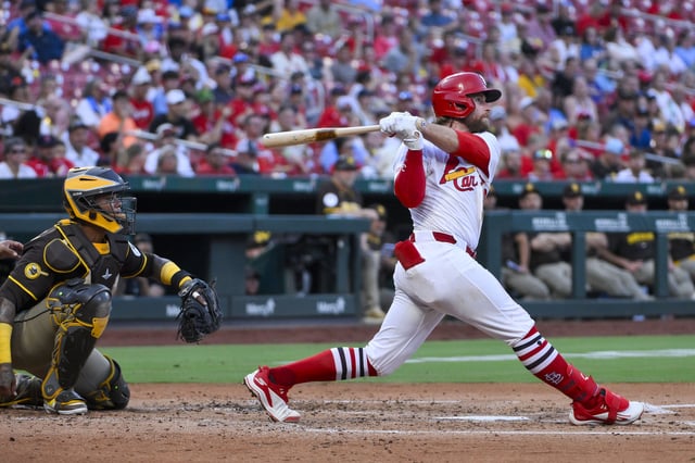 Jul 24, 2025; St. Louis, Missouri, USA;  St. Louis Cardinals second baseman Brendan Donovan (33) hits a three run home run against the San Diego Padres during the second inning at Busch Stadium. Mandatory Credit: Jeff Curry-Imagn Images