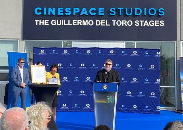 Filmmaker Guillermo del Toro was presented a key to the city on July 24, 2025 during a ceremony at Cinespace Studios. Mayor Olivia Chow and Eoin Egan, co-CEO of Cinespace Studios, joined del Toro on stage to make remarks. 