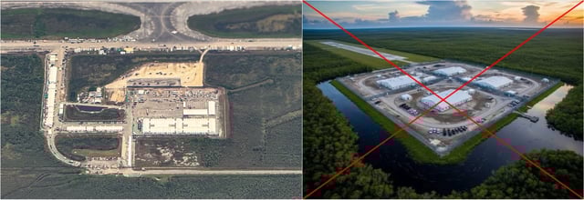 Comparison between an aerial view of the migrant detention center taken on July 7, 2025 by AFP photographer Chandan Khanna (left) and the image shared on social media (right). The red cross was added by AFP.