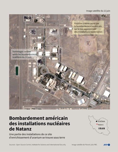 Image satellite de Planet Labs PBC du 22 juin 2025, montrant les traces visibles du bombardement américain du site d'enrichissement d'uranium de Natanz, en Iran, ayant eu lieu ce jour-là