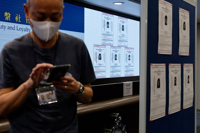 Images of five activists Simon Cheng, Frances Hui, Joey Siu, Johnny Fok, and Tony Choi are displayed during a press conference to issue arrest warrants in Hong Kong, China December 14, 2023. REUTERS/Tyrone Siu