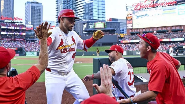 Jul 24, 2025; St. Louis, Missouri, USA;  St. Louis Cardinals first baseman Willson Contreras (40) is congratulated by teammates after hitting a three run home run off against the San Diego Padres during the second inning at Busch Stadium. Mandatory Credit: Jeff Curry-Imagn Images
