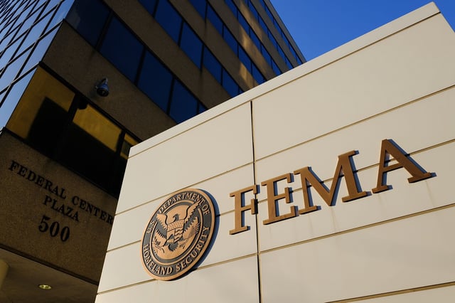 A sign marks the location of the Federal Emergency Management Agency (FEMA) headquarters building on June 20, 2025, in Washington, DC.