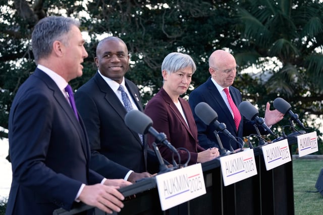 Australian Deputy Prime Minister Richard Marles, left, Britain's Secretary of State for Foreign, Commonwealth and Development Affairs David Lammy, second left, Australian Foreign Minister Penny Wong and Britain's Secretary of State for Defence John Healey, right, hold a press conference at Admiralty House following the Australia-UK Ministerial Consultations (AUKMIN) in Sydney, Australia, Friday, July 25, 2025. (AP Photo/Rick Rycroft)