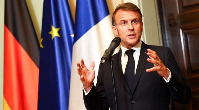 French President Emmanuel Macron talks to media in Berlin on July 23, 2025. (Christian Mang/Getty Images)