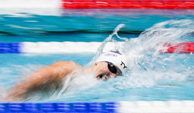 Jun 6, 2025; Indianapolis, Indiana, UNITED STATES; Katie Ledecky swims in the women’s 400 meter freestyle at the Toyota National Championships swimming meet at Indiana University Natatorium. Mandatory Credit: Robert Goddin-Imagn Images/ File Photo