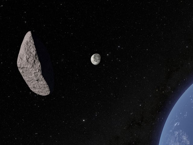 This artistic animation shows asteroid 2024 YR4 passing by Earth. Astronomers created a 3D image of the newly discovered asteroid after observing it with a telescope in Chile. (9NOIRLab/NSF/AURA/R. Proctor via AP)