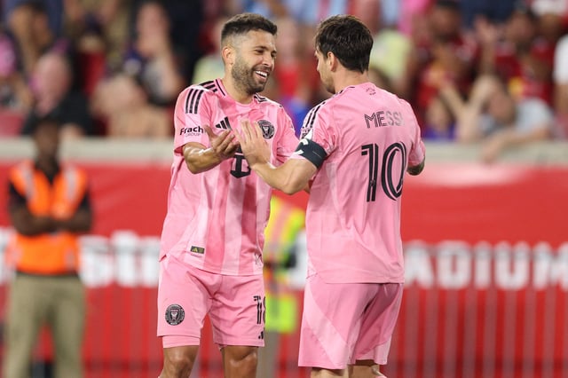 Jul 19, 2025; Harrison, New Jersey, USA; Inter Miami CF forward Lionel Messi (10) celebrates with defender Jordi Alba (18) after  goal during the second half against the New York Red Bulls at Sports Illustrated Stadium. Mandatory Credit: Vincent Carchietta-Imagn Images/File Photo