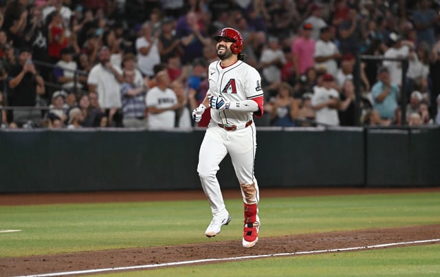 PHOENIX, ARIZONA - JULY 20: Eugenio Suarez #28 of the Arizona Diamondbacks celebrates after hitting a solo home run against the St. Louis Cardinals during the third inning at Chase Field on July 20, 2025 in Phoenix, Arizona. (Photo by Norm Hall/Getty Images)