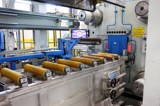 A general view of the conveyor belt for aluminum extrusion at Magna Aluminum Profile in Salaberry de Valleyfield, Quebec, Canada, June 11, 2025. REUTERS/Evan Buhler/File photo