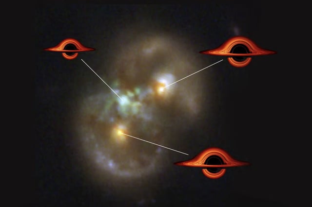 The Infinity galaxy, observed with the James Webb Space Telescope. It is the result of a cosmic collision between two galaxies. The location of the possible newborn black hole is shown in the center, along with the two other black holes that were already present before the collision. NASA, P. van Dokkum, G. Brammer