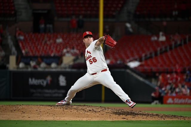 ST LOUIS, MISSOURI - JULY 8: Ryan Helsley #56 of the St. Louis Cardinals pitches against the Washington Nationals at Busch Stadium on July 8, 2025 in St Louis, Missouri.