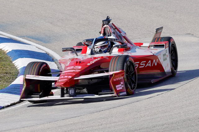 Apr 12, 2025; Miami, Florida, USA;   Oliver Rowland of Team Nissan enters turn four during qualifying for the ABB Formula E Series race at the Homestead Motor Speedway Mandatory Credit: Reinhold Matay-Imagn Images/File Photo