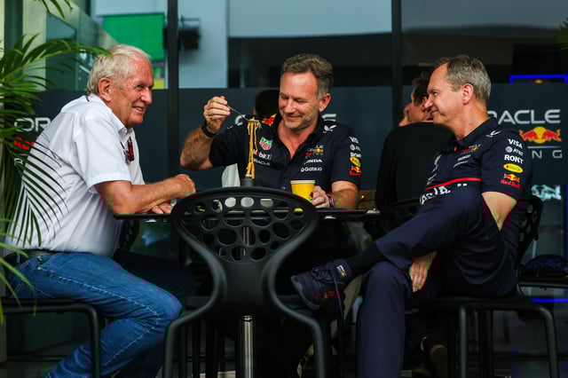 Red Bull Racing CEO and Team Principal Christian Horner eats his lunch on the deck of the hospitality suite with Oracle Red Bull Racing Team Consultant Dr Helmut Marko and Oracle Red Bull Racing Team Chief Engineer Paul Monaghan during the F1 Grand Prix of Saudi Arabia at Jeddah Corniche Circuit on April 20, 2025 in Jeddah, Saudi Arabia.