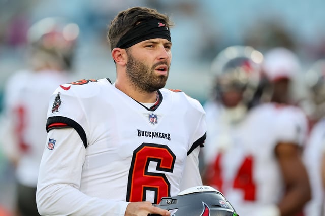 Baker Mayfield #6 of the Tampa Bay Buccaneers warms up against the Jacksonville Jaguars during a preseason game at EverBank Field on August 17, 2024 in Jacksonville, Florida.