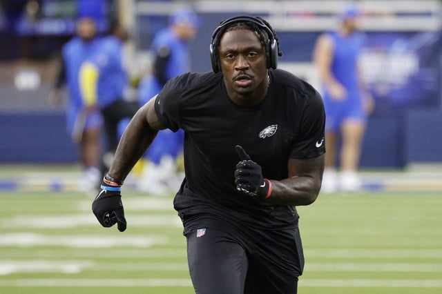 A.J. Brown #11 of the Philadelphia Eagles warms up prior to a game against the Los Angeles Rams at SoFi Stadium on November 24, 2024 in Inglewood, California.