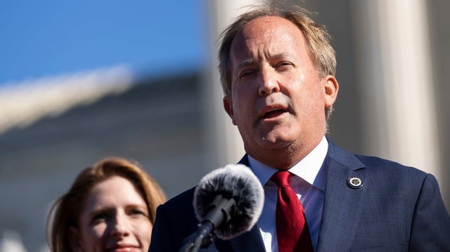 &#34;WASHINGTON, DC - NOVEMBER 01: Texas Attorney General Ken Paxton speaks outside the U.S. Supreme Court on November 01, 2021 in Washington, DC. On Monday, the Supreme Court heard arguments in a challenge to the controversial Texas abortion law which bans abortions after 6 weeks. (Photo by Drew Angerer/Getty Images)&#34;