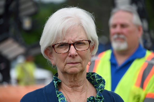 Baltimore County Executive Kathy Klausmeier attends a news conference on Friday after a 30-inch water main break in the 11200 block of York Road shut down the street from Schilling Road to Ashland Road and affected many businesses. Crews are working to shut off the water and begin repairs.