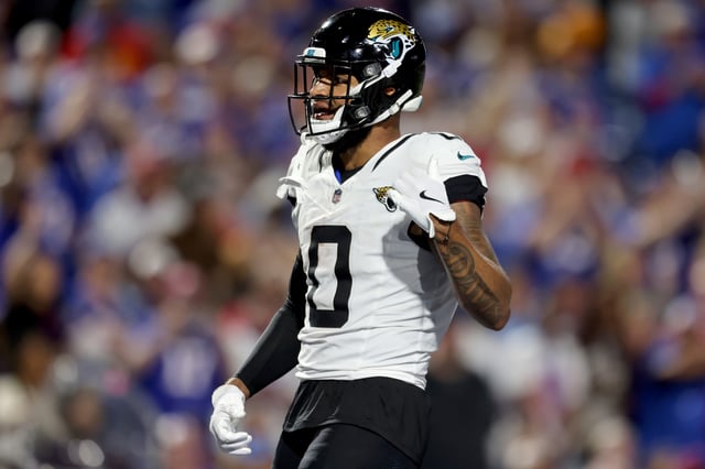 Gabe Davis #0 of the Jacksonville Jaguars looks on during the fourth quarter against the Buffalo Bills at Highmark Stadium on September 23, 2024 in Orchard Park, New York.