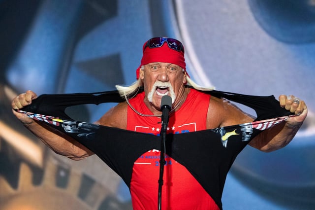 Hulk Hogan speaks during the final night of the Republican National Convention in Milwaukee on Thursday, July 18, 2024.