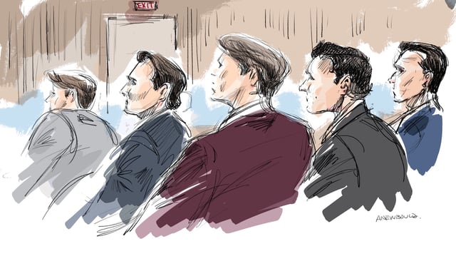 Former 2018 Team Canada World Junior players Carter Hart, Alex Formenton, Dillon Dube, Cal Foote and Michael McLeod sit in court, after a judge found Hart and his teammates not guilty in the trial involving players from Canada?s 2018 gold medal?winning world junior hockey team, who were charged with sexually assaulting a woman in a hotel room, at the Superior Court of Justice in London, Ontario, Canada, July 24, 2025 in this courtroom sketch. CTV via REUTERS.