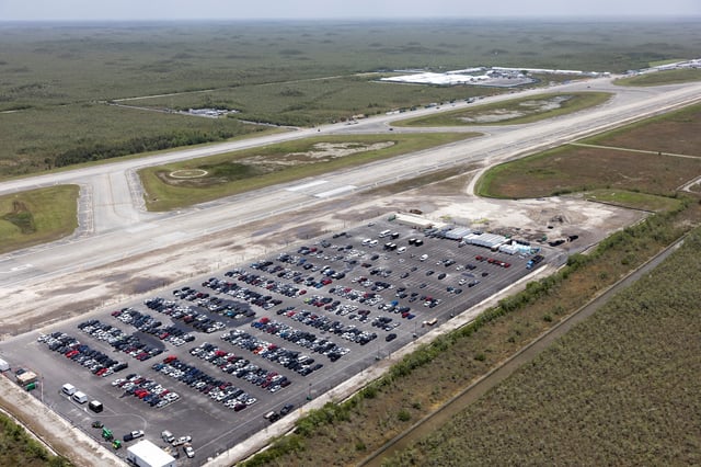 An aerial view shows "Alligator Alcatraz" ICE detention center at Dade-Collier Training and Transition Airport in Ochopee, Florida, U.S. July 24, 2025. REUTERS/Marco Bello/File Photo