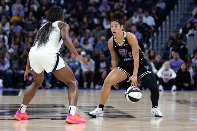 Golden State Valkyries guard Veronica Burton dribbles during the first half of a WNBA basketball game against the Las Vegas Aces in San Francisco on Saturday, June 7, 2025.