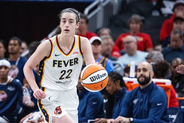 Jul 9, 2025; Indianapolis, Indiana, USA; Indiana Fever guard Caitlin Clark (22) dribbles the ball in the first half against Golden State Valkyries at Gainbridge Fieldhouse. Mandatory Credit: Trevor Ruszkowski-Imagn Images/ File Photo